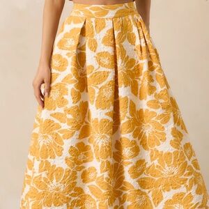 Yellow floral jacquard midi skirt